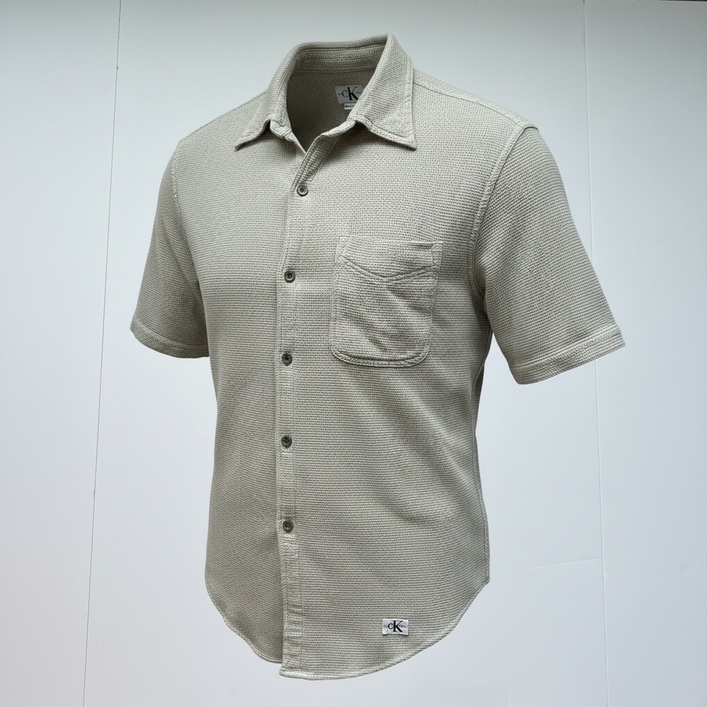 Calvin Klein Jeans Mens Beige Waffle Knit Cotton Short Sleeve Button Shirt Med